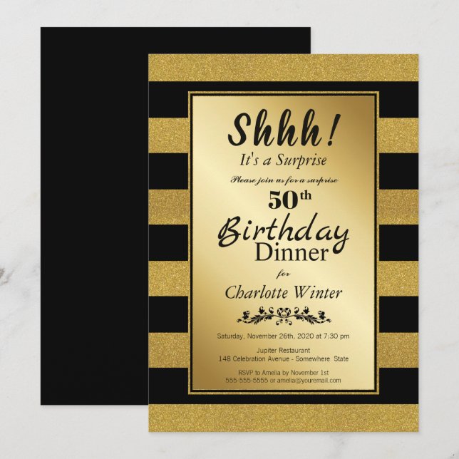Black & Gold Glitter Surprise 50th Birthday Dinner Invitation (Front/Back)