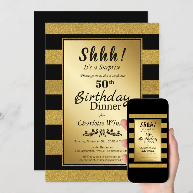 Black & Gold Glitter Surprise 50th Birthday Dinner Invitation | Zazzle