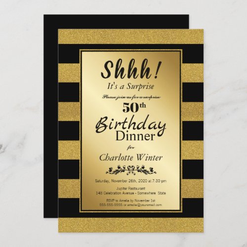 Black  Gold Glitter Surprise 50th Birthday Dinner Invitation
