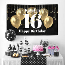 Black Gold Glitter Sweet 16 Birthday Balloons Bold