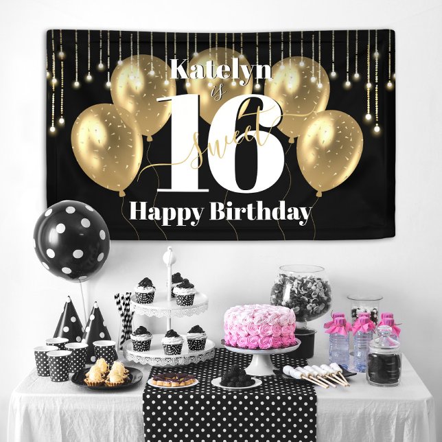 Black Gold Glitter Sweet 16 Birthday Balloons Bold Banner (Creator Uploaded)