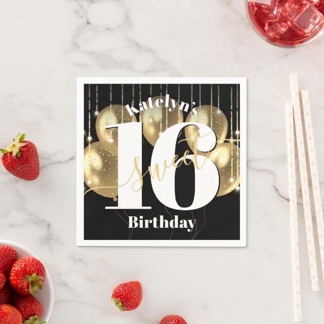 Black Gold Glitter Sweet 16 Birthday Balloons Bold Napkins (Insitu)