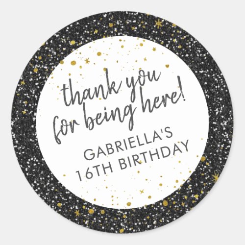 Black Gold Glitter Thank You Birthday Favor Classic Round Sticker