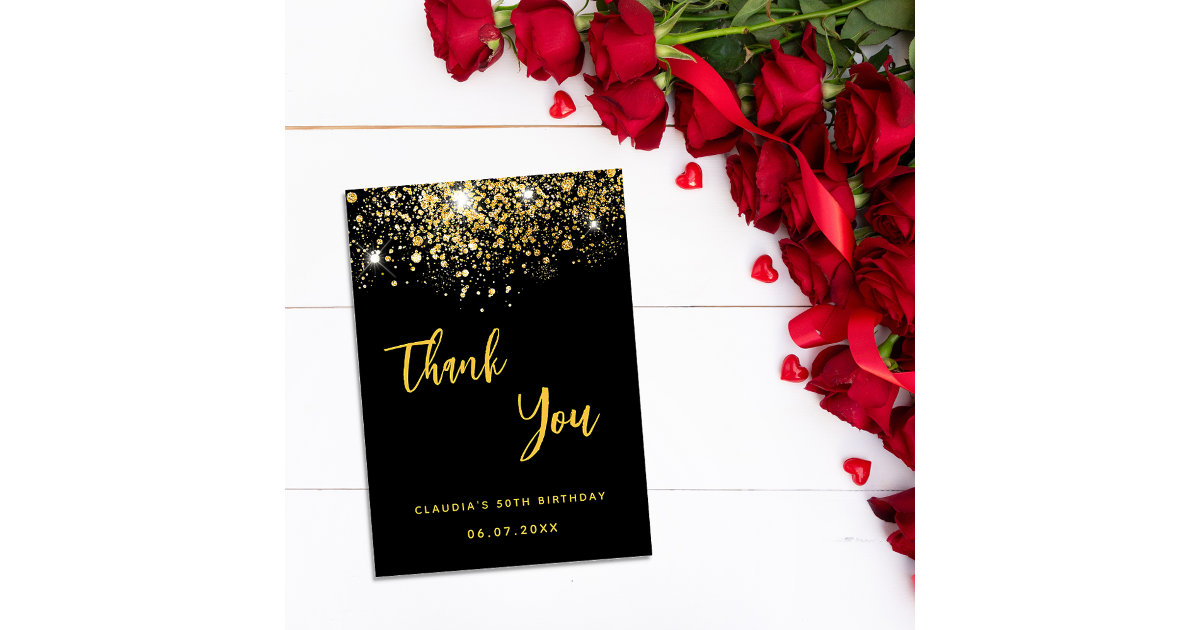 Black gold glitter thank you card Zazzle