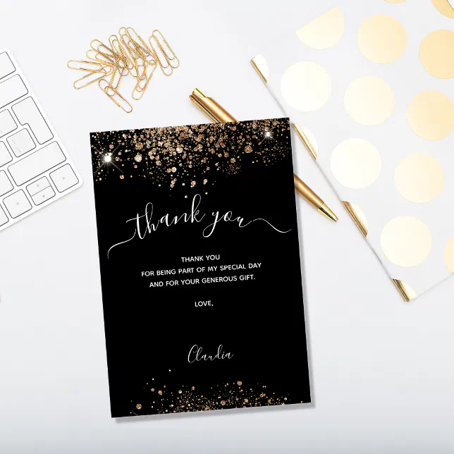 Black gold glitter thank you card | Zazzle