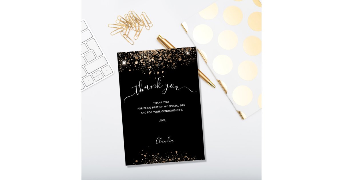 Black gold glitter thank you card | Zazzle