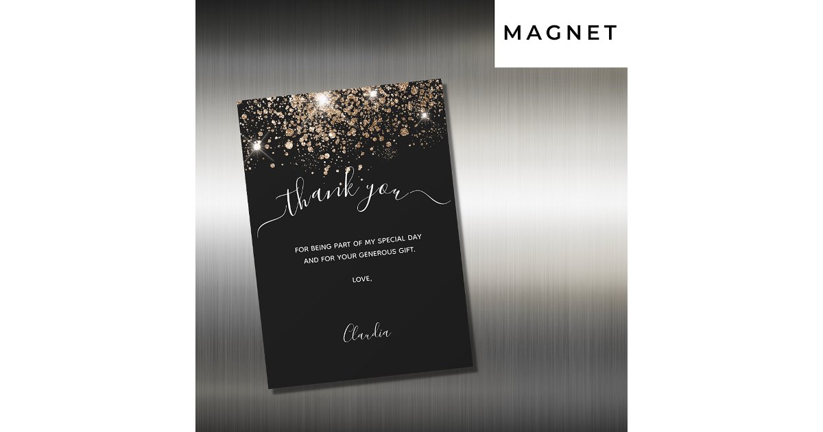 Black gold glitter thank you magnet card | Zazzle