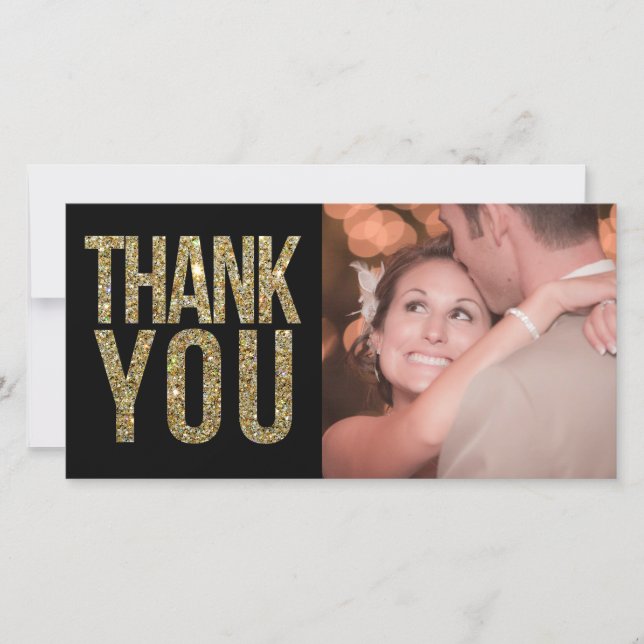 Black & Gold Glitter Thank You Photo Cards (Front)