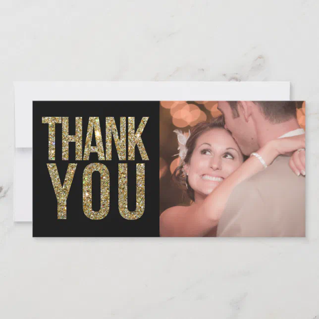 Black & Gold Glitter Thank You Photo Cards Zazzle