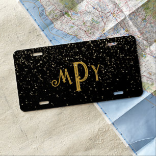 Black Gold Glitter Three Initial Monogram  License Plate