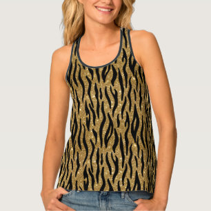 Black & Gold Glitter Tiger Print Diamonds Tank Top
