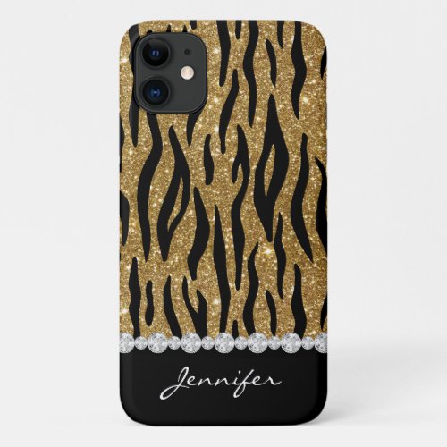 Black  Gold Glitter Tiger Print Diamonds WName iPhone 11 Case