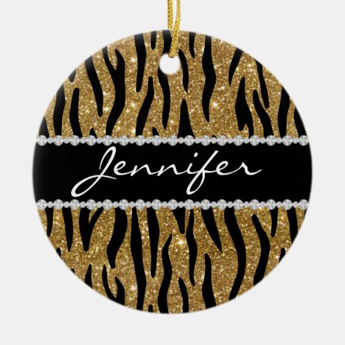 Black  Gold Glitter Tiger Print Diamonds WName Ceramic Ornament