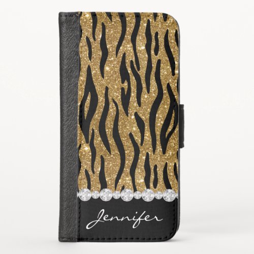 Black  Gold Glitter Tiger Print Diamonds WName iPhone X Wallet Case