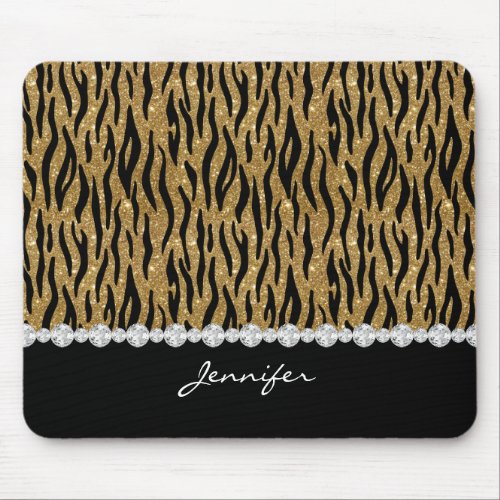 Black  Gold Glitter Tiger Print Diamonds WName Mouse Pad