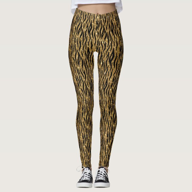 Black & Gold Glitter Tiger Print Leggings (Front)