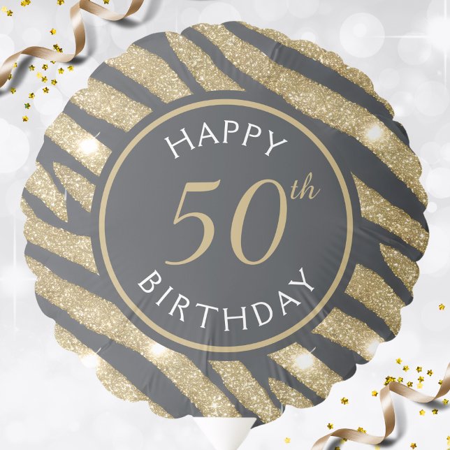Black & Gold Glitter Tiger Stripe 50th Birthday Balloon (50th birthday balloon with black and gold glitter tiger / zebra stripes)