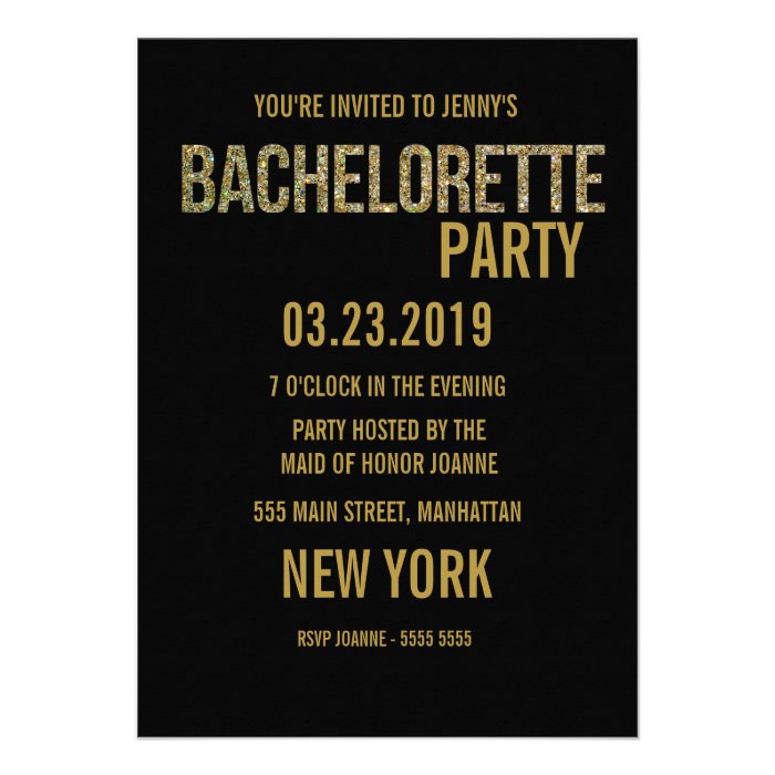 Black Gold Glitter Typography Bachelorette Invite
