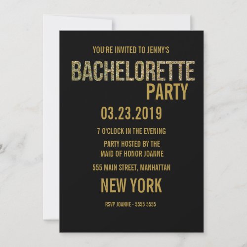 Black Gold Glitter Typography Bachelorette Invite