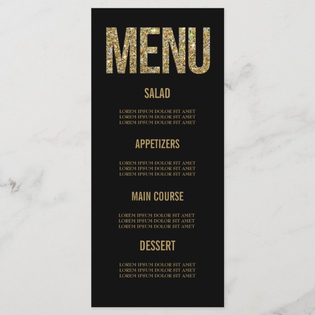Black & Gold Glitter Typography Wedding Menu Cards (Front)