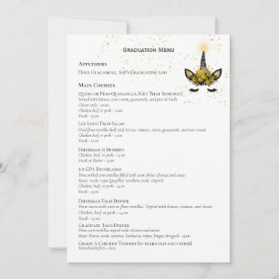 Black Gold Glitter Unicorn GRADUATION MENU Invitation
