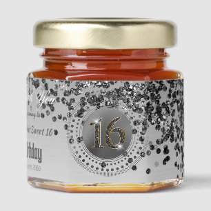 Black Gold Glitter & Unique number 16 Decoration Honey Jar Favors