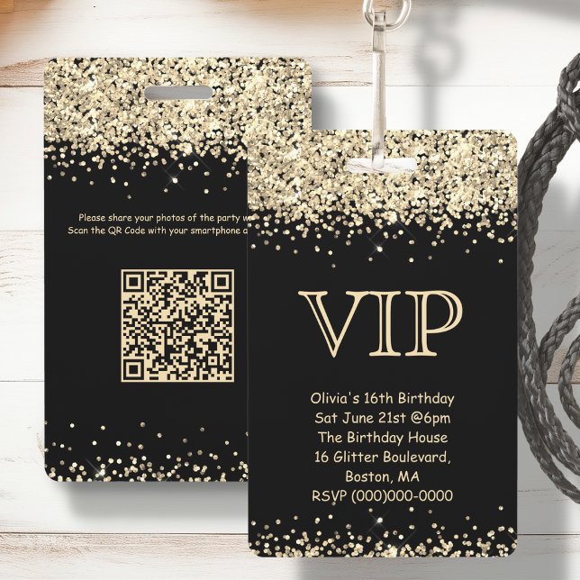 Black & Gold Glitter | VIP Birthday Invitation Badge (Creator Uploaded)