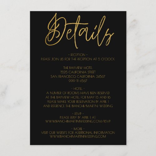 Black  Gold Glitter Wedding Details Enclosure