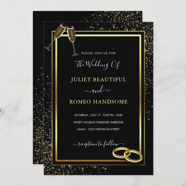 Black Gold Glitter Wedding Invitation Template (Front/Back)