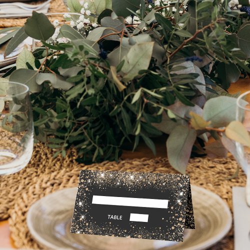 Black gold glitter wedding place card