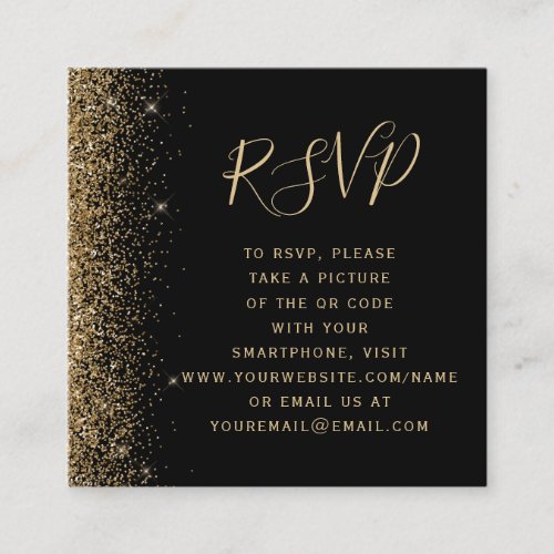 Black Gold Glitter Wedding QR Code RSVP Enclosure Card