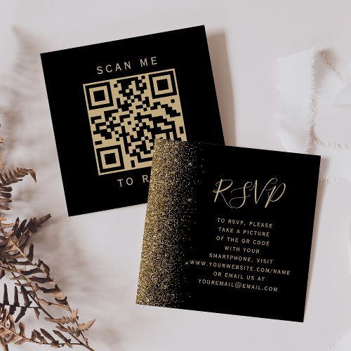 Black Gold Glitter Wedding QR Code RSVP Enclosure Card