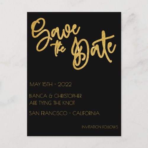 Black  Gold Glitter Wedding Save The Date Postcard