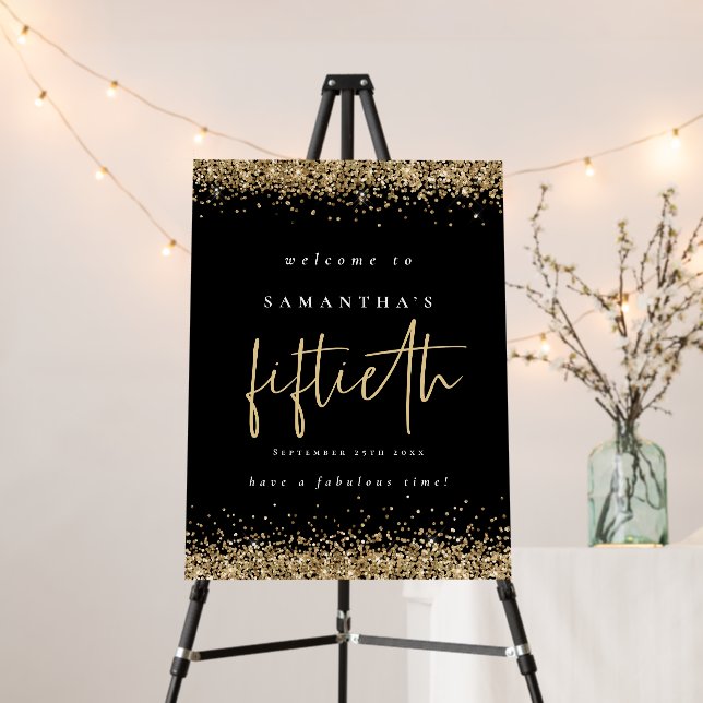 Black Gold Glitter Welcome Fiftieth Birthday Foam Board (In Situ (Stand))