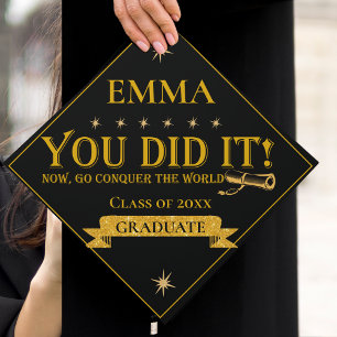 Black Gold Glitter “You Did It” Class of 2026 Graduation Cap Topper