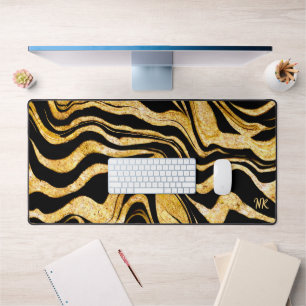 Black & Gold Glitter Zebra Add Monogram Abstract Desk Mat