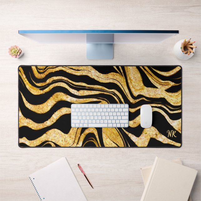   Black & Gold Glitter Zebra Add Monogram Abstract Desk Mat (Office 1)