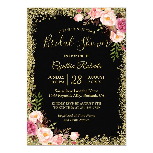 Black Gold Glitters Floral Glamour Bridal Shower Invitation