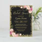 Black Gold Glitters Floral Glamour Bridal Shower Invitation (Standing Front)
