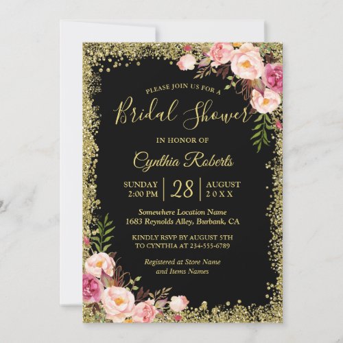Black Gold Glitters Floral Glamour Bridal Shower Invitation