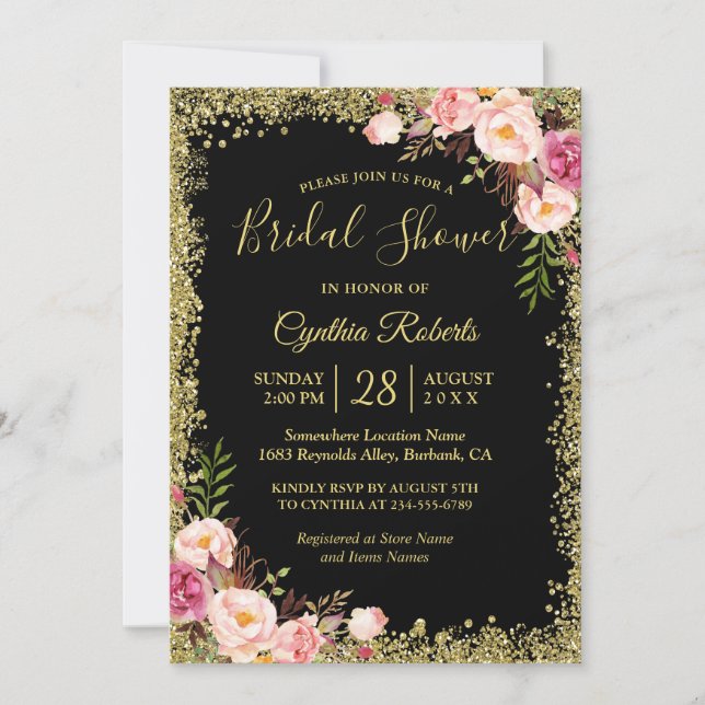 Black Gold Glitters Floral Glamour Bridal Shower Invitation (Front)