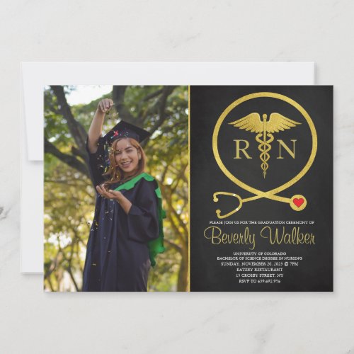 Black  Gold Glitters Nursing School Graduation Invitation