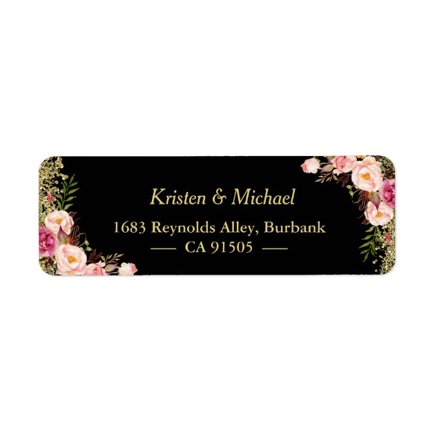 Black Gold Glitters Pink Floral Label
