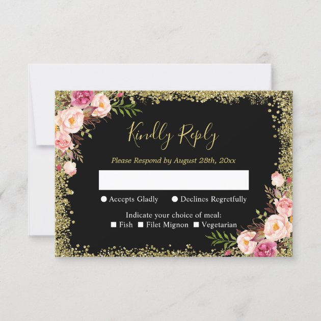 Black Gold Glitters Pink Floral Wedding RSVP Reply