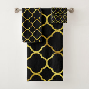 Black Gold Golden Quatrefoil Patterns Elegant Cool Bath Towel Set