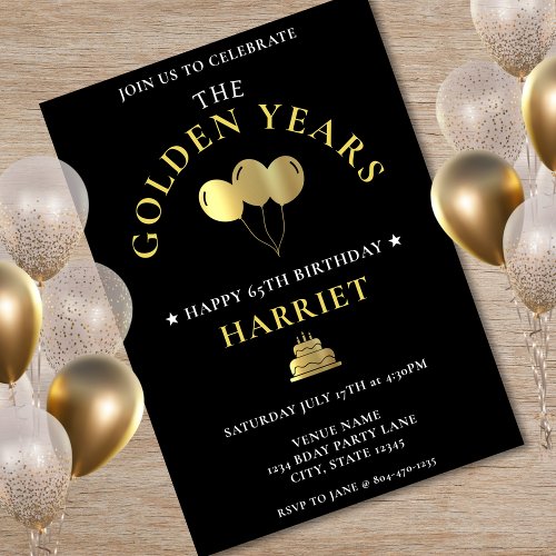 Black  Gold Golden Years 65th Birthday Invitation