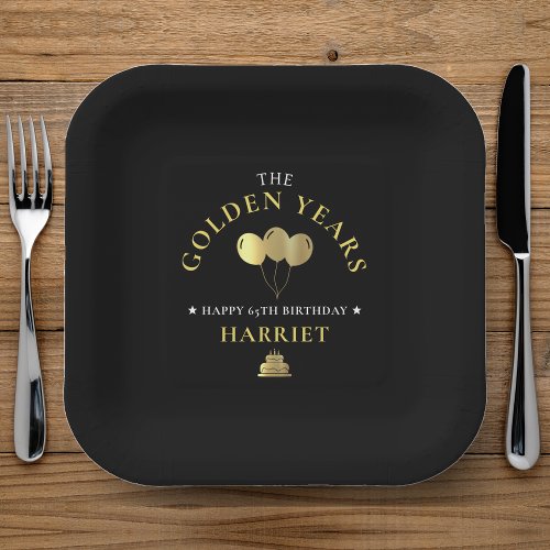 Black  Gold Golden Years 65th Birthday Paper Plates