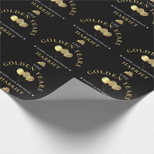 Black & Gold Golden Years 65th Birthday Wrapping Paper (Corner)