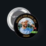 Black Gold Golfer Photo High School Golf Team Button<br><div class="desc">This cool customized high school golf team photo gift features gold typography of your golfer name on a black button with a cute golfing icon. Personalize with your student's photograph and class year as a proud sports parent. A mom and dad can wear these buttons to sports games.</div>