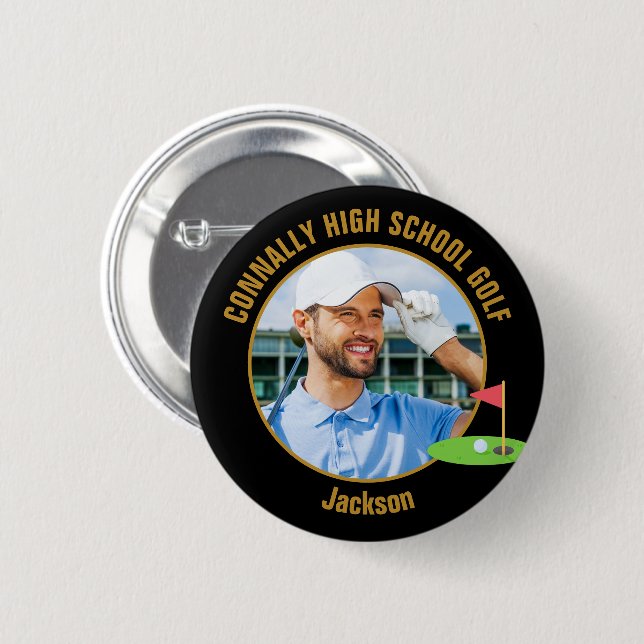 Black Gold Golfer Photo High School Golf Team Button (Front & Back)